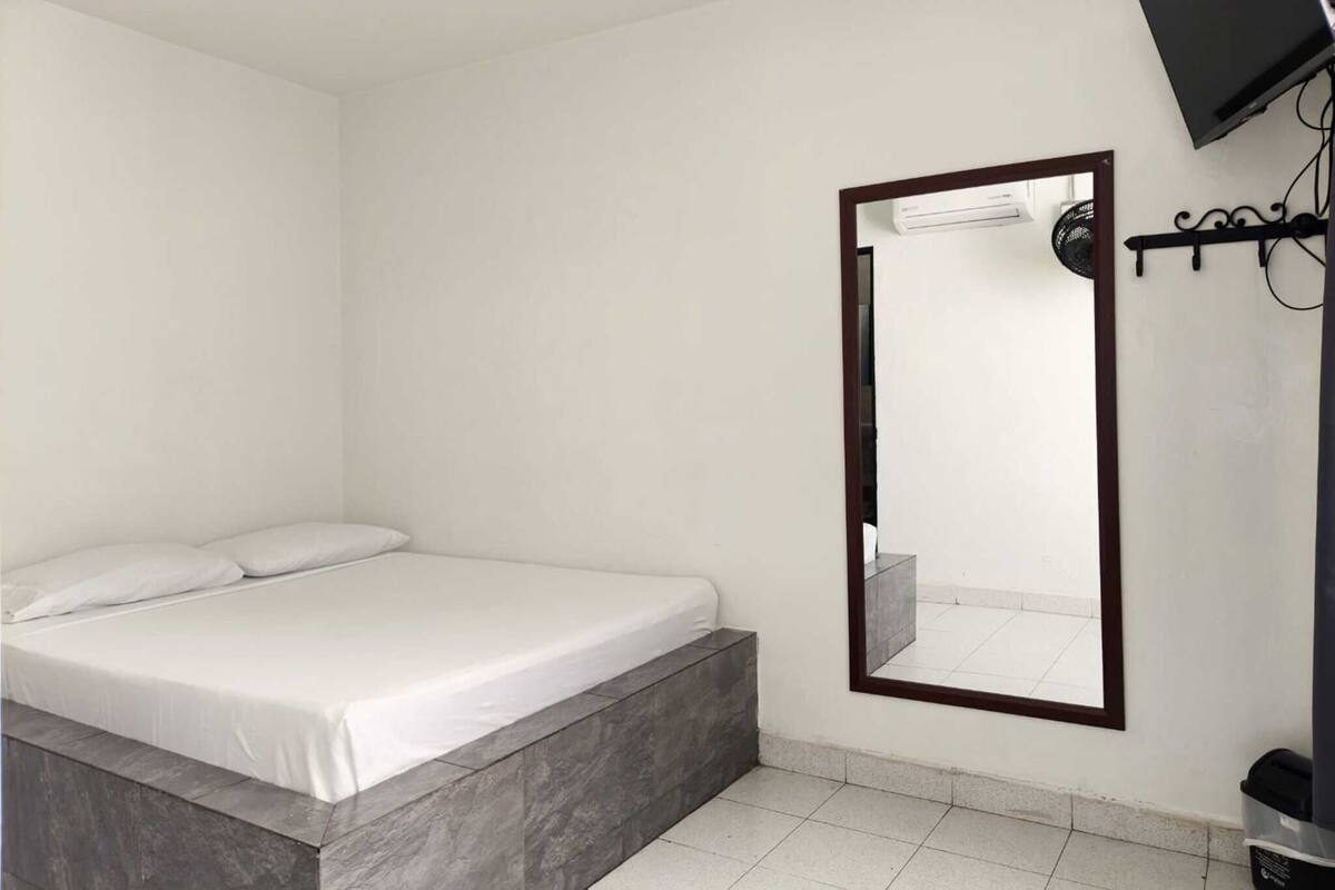 Une chambre à coucher avec un lit, un grand miroir, une télévision et un radiateur fixé au mur.