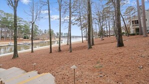 A park with tall trees, a lake, and a building in the background.