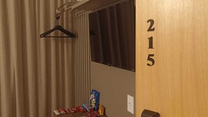 A hotel room with a wooden desk, a hanging coat rack, a window with curtains, and a door with the number 215.