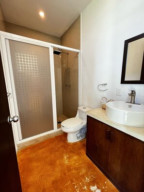 Regadera, toallas, jabón, papel de baño