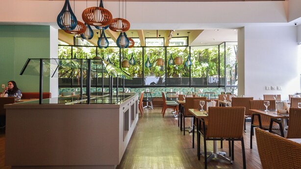 A spacious restaurant with high ceilings, hanging wicker light fixtures, and a view of greenery through large windows.
