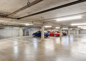 Park your car in this secure underground garage with multiple levels and polished floors.