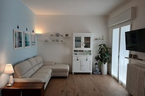 Un salon avec un canapé, un meuble, une télévision et une plante.