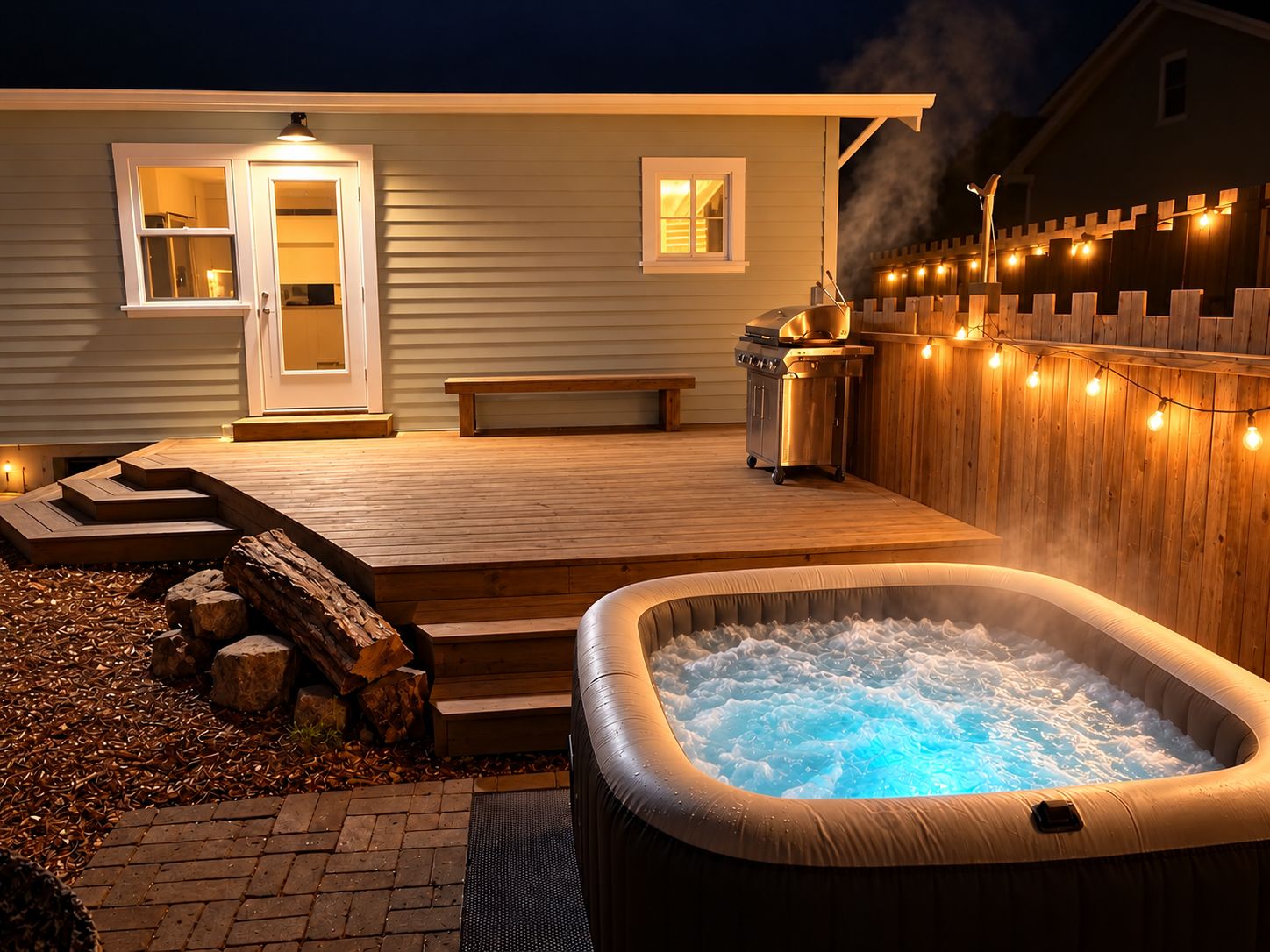 Un bain à remous sur une terrasse en bois, avec un banc et un barbecue.