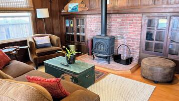 Smart TV, fireplace, books, computer monitors