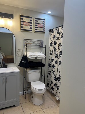 Hair dryer, towels, soap, toilet paper