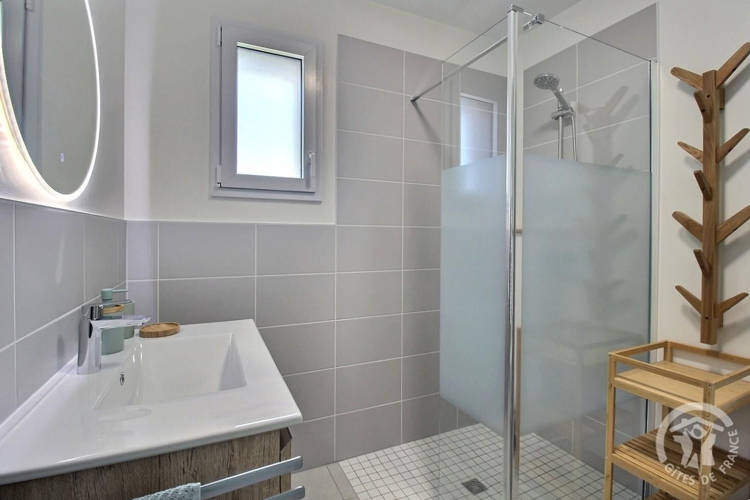 A modern bathroom with a glass shower enclosure, a white sink, and a wooden shelf.
