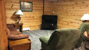 Una televisión, una chimenea, videojuegos, un reproductor de DVD