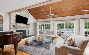 Smart TV, fireplace, DVD player, foosball