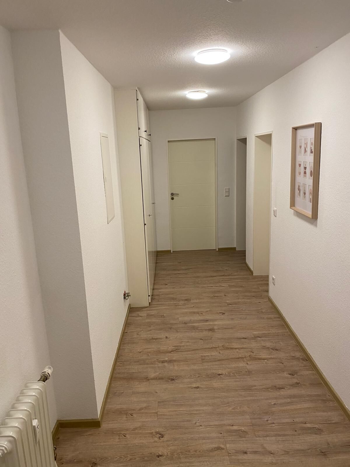 A hallway with wooden flooring, white walls, and a door at the end.