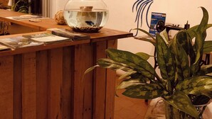 A reception desk with a fishbowl, a wall with a dove illustration, and a potted plant. - Hotel Cortez Azul (Alajuela)