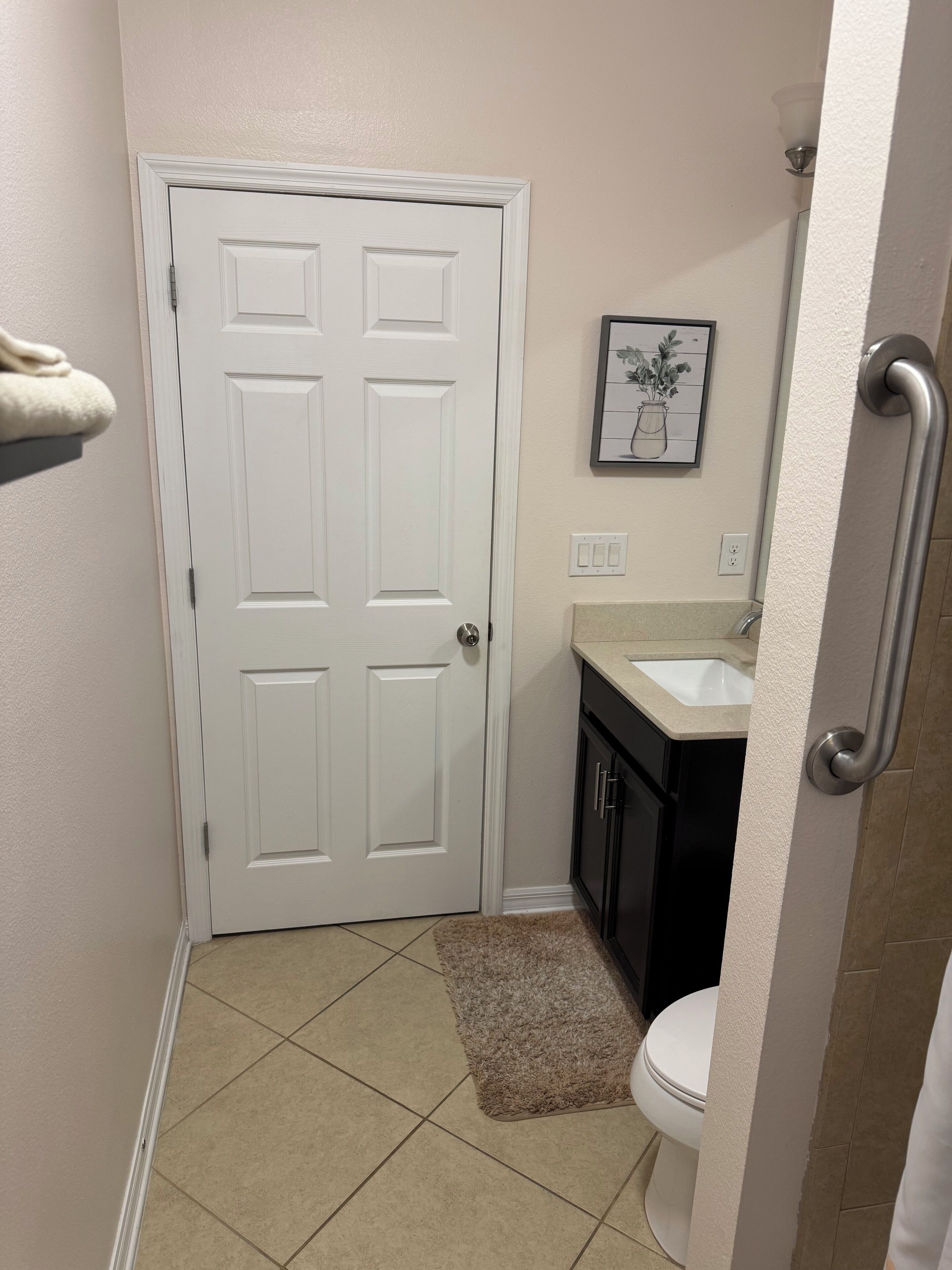 Une salle de bain avec une porte blanche, un lavabo, des toilettes et un petit tapis.