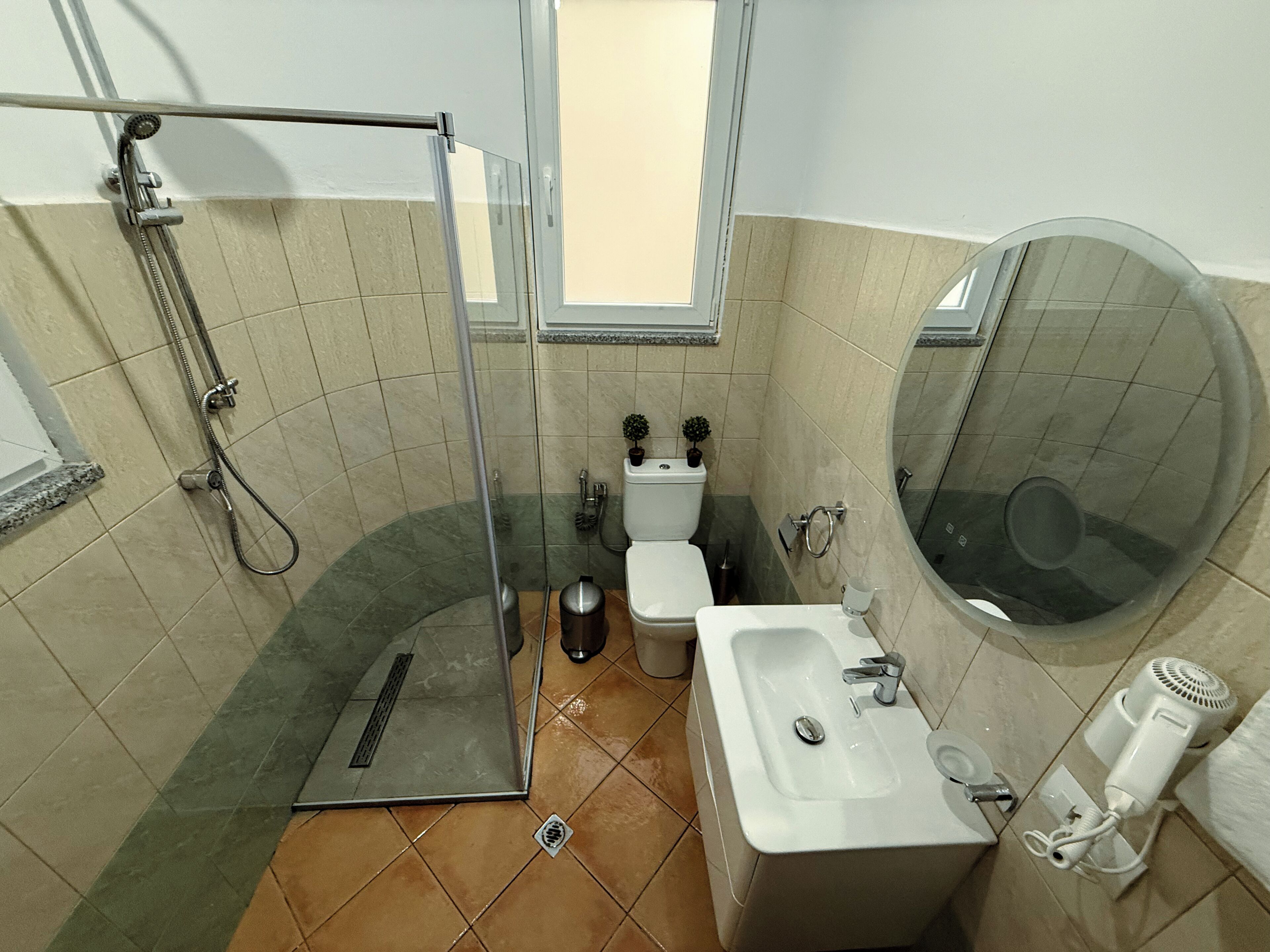 A bathroom with a glass-enclosed shower, a toilet, a sink, and a mirror.