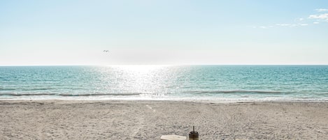 A beach with a wooden picnic table and lounge chairs facing the ocean.