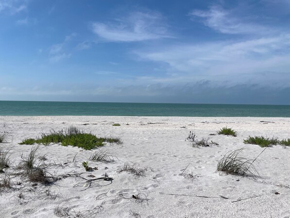 On the beach, sun-loungers, beach towels