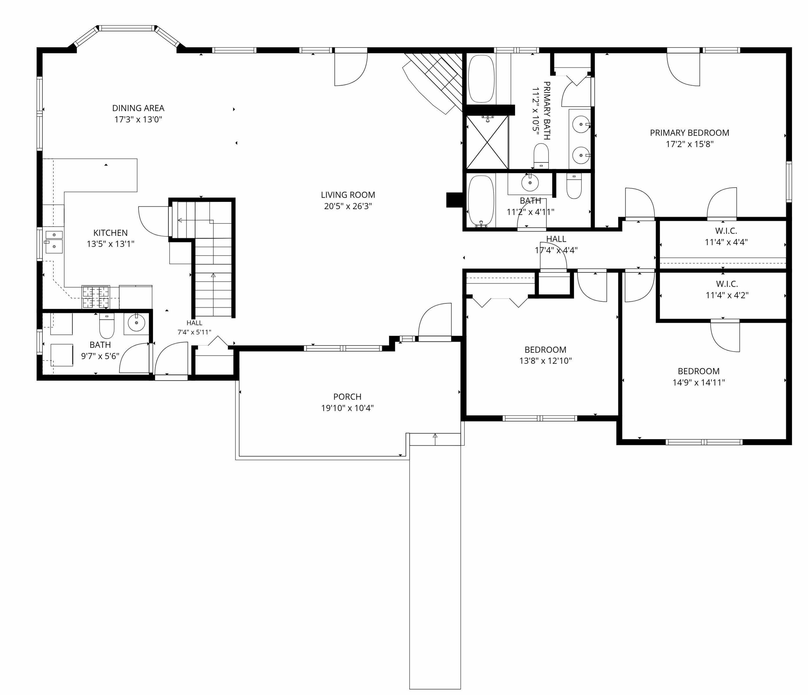 En planritning som visar ett matområde, kök, vardagsrum, två sovrum, två badrum, en veranda och en hall.