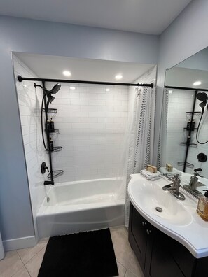 Hair dryer, towels, soap, shampoo