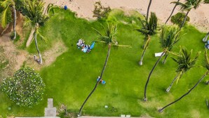An aerial view of a resort with a swimming pool, lounge chairs, and palm trees.