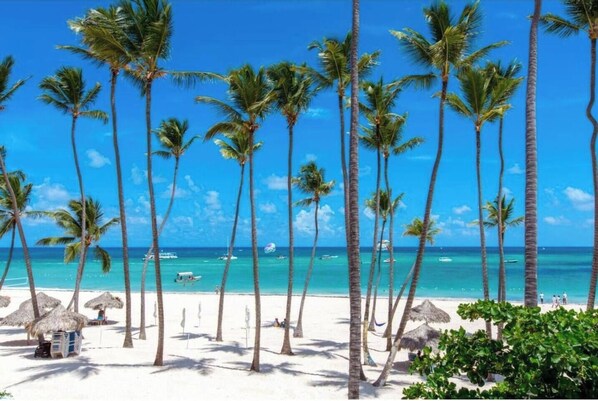 Plage, chaises longues, serviettes de plage