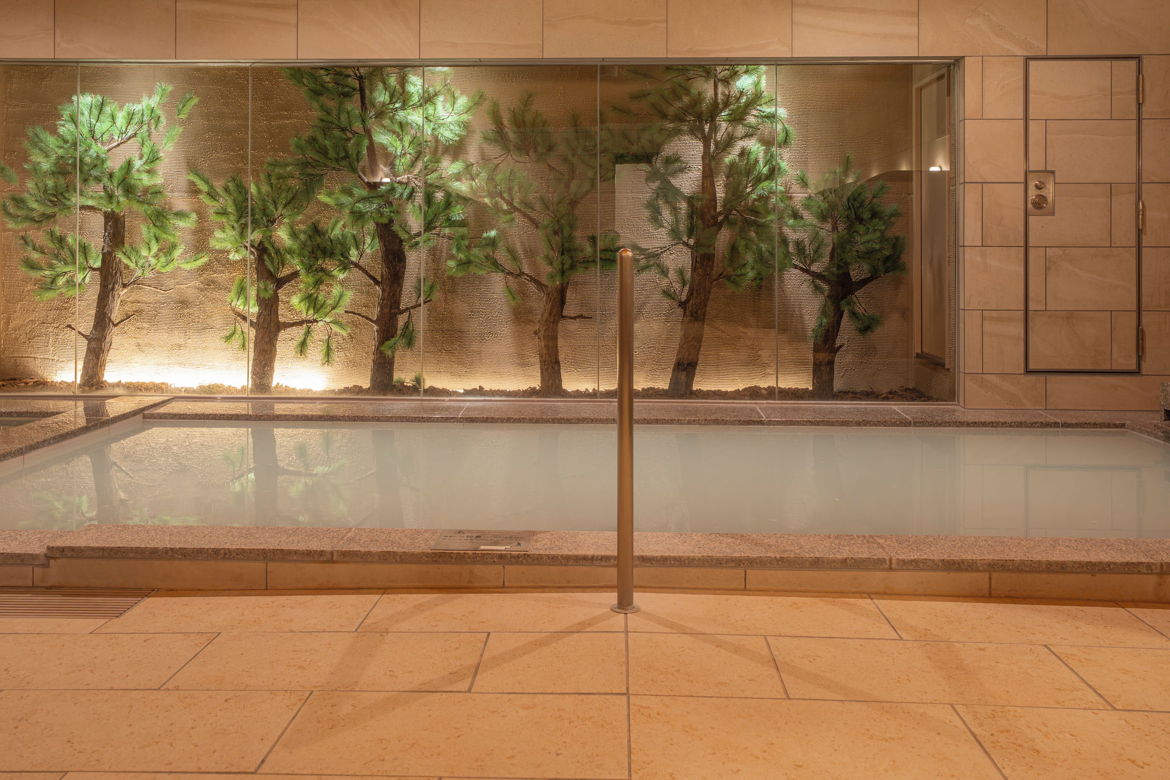 A swimming pool with a glass wall reflecting trees.