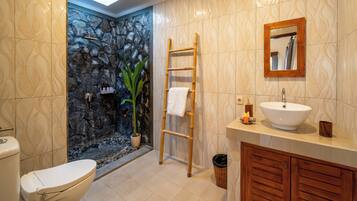 Hair dryer, towels, soap, shampoo