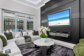 Smart TV, fireplace, video games, table football