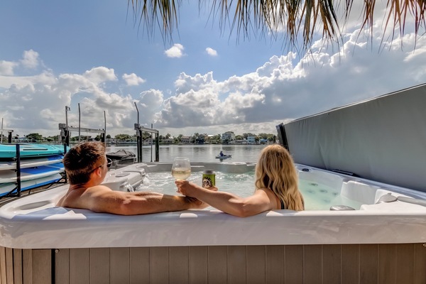 Enjoy the hot tub overlooking the bay.