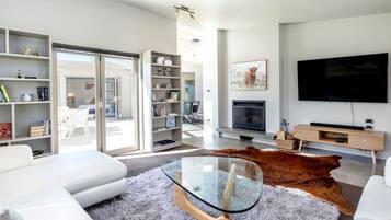 Televisión, chimenea, libros