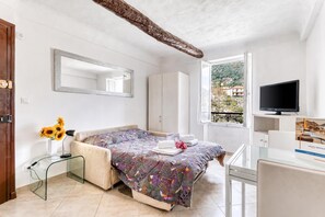 A bedroom with a bed, a TV, a window with a view, and a mirror. - Lovely Studio In Mountain Village, Breil-sur-Roya, France (Breil-sur-Roya)