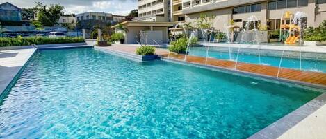 2 outdoor pools, open 6:00 AM to 6:00 PM, free cabanas