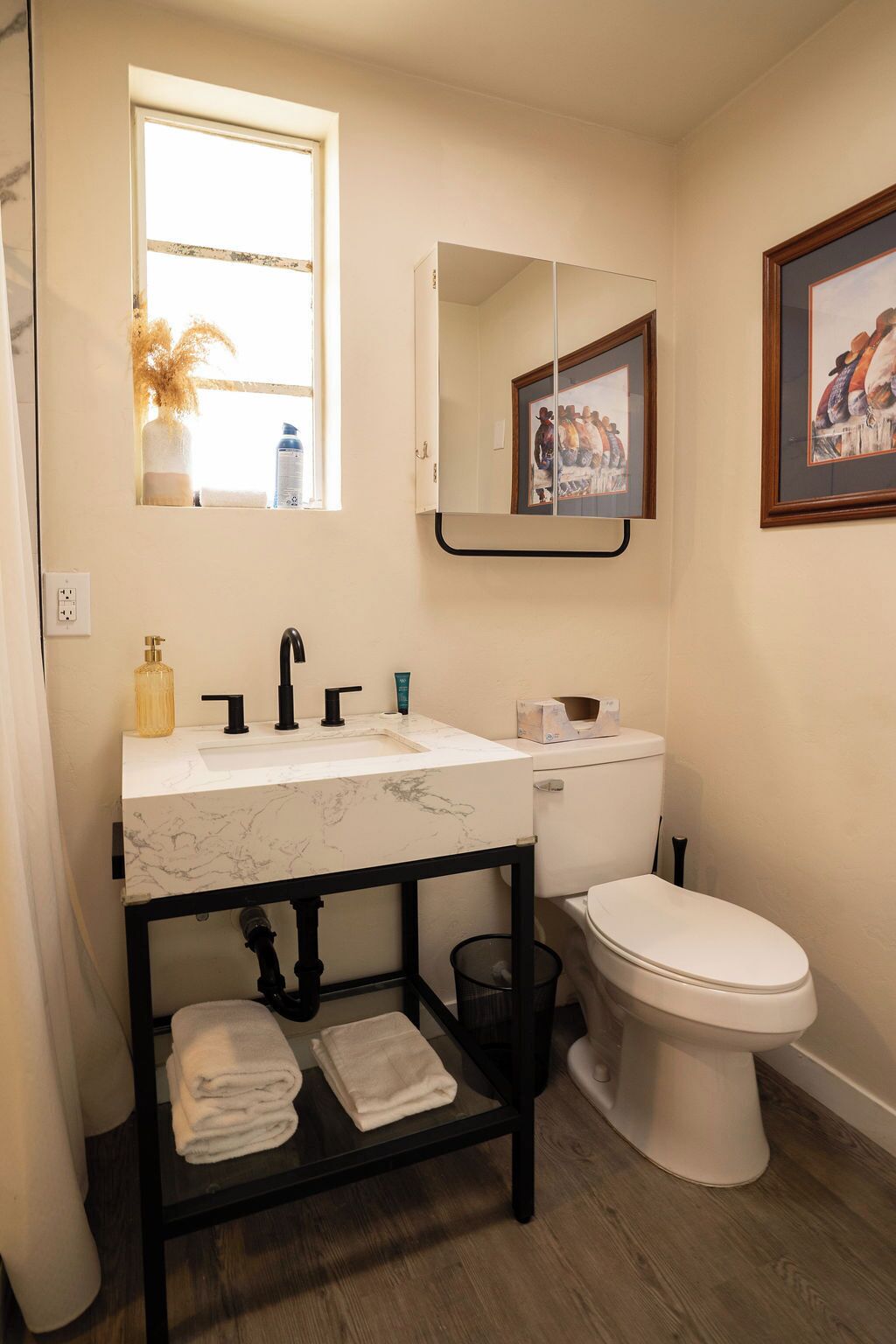 Baño con lavamanos de mármol blanco, grifo negro y inodoro blanco. Hay una ventana con una planta en el alféizar, un cuadro en la pared y un cubo de basura negro debajo del lavamanos.