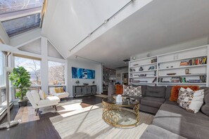 Smart TV, fireplace, books