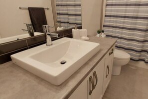 Hair dryer, bidet, towels, soap