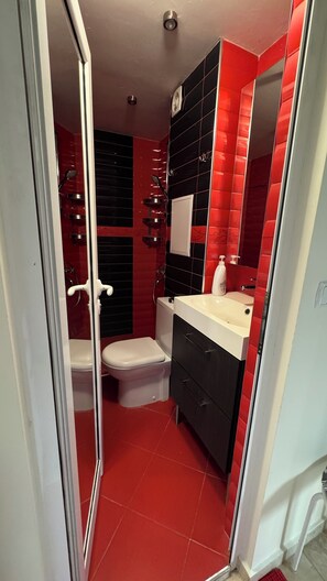 Dusche, umweltfreundliche Kosmetikartikel, Haartrockner, Bidet