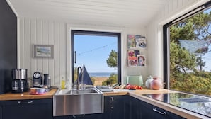 A modern kitchen with a view of the beach, featuring a stainless steel sink, coffee maker, and various kitchen items.