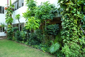 A lush garden with a variety of tropical plants and a white building with large windows. - Hotel Eminent (Agra)