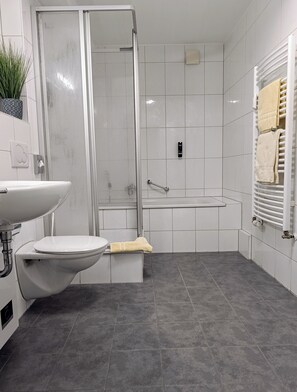 Hair dryer, towels, soap, shampoo