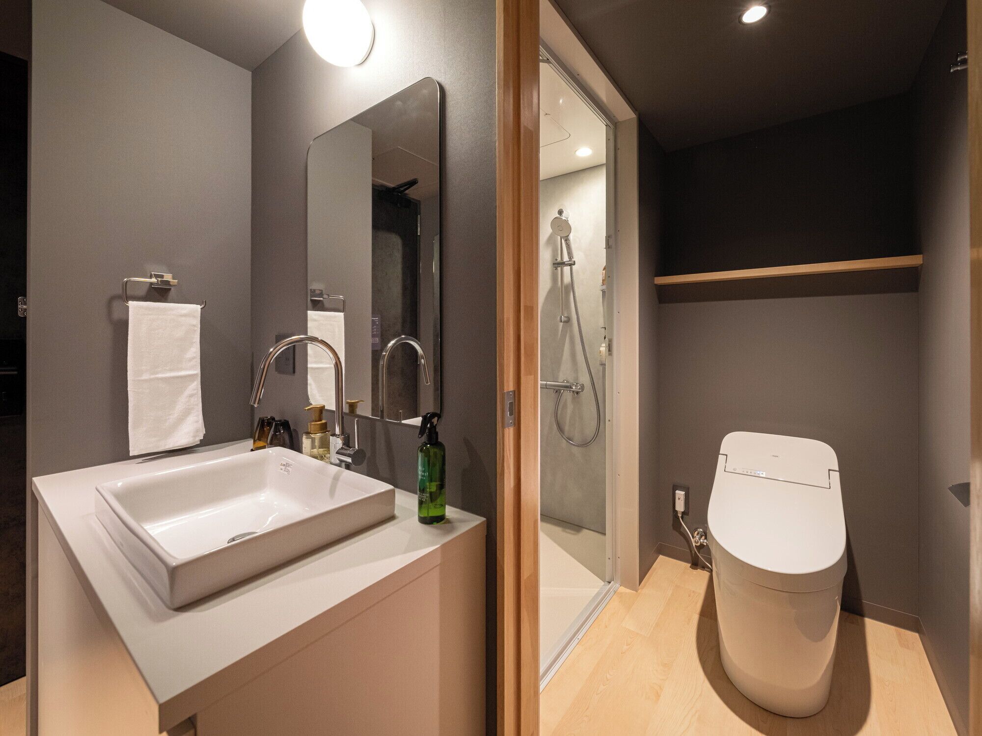 Un baño moderno con lavamanos blanco, un espejo grande, un cabezal de ducha de mano y un inodoro.