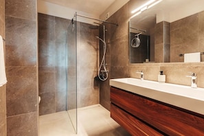 Hair dryer, towels, soap, shampoo