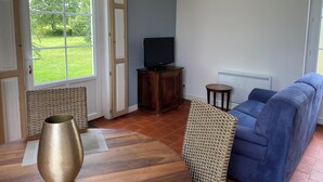 Un salon avec un canapé bleu, un téléviseur posé sur un meuble en bois, un fauteuil en osier et une grande fenêtre donnant sur un paysage verdoyant.