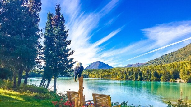 A lakeside view with a wooden bench and chairs, a bird perched on a tree, and a mountain in the background. - Dolly Varden Cabin - Modern Vacation Home in Cooper Landing (Cooper Landing)