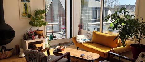 Fireplace, books, music library, stereo