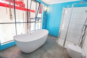 Shower, hair dryer, towels, soap