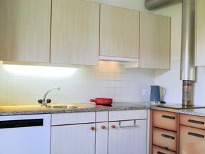 Fridge, oven, dishwasher, cookware/dishes/utensils