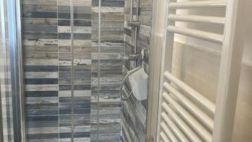 Shower, hair dryer, bidet, towels