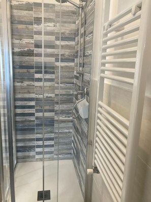 Shower, hair dryer, bidet, towels