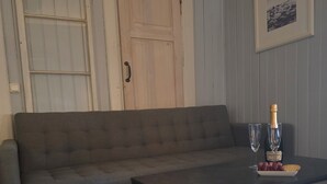 A living room with a grey sofa, a coffee table with a bottle of champagne, glasses, and snacks, a fluffy rug, and a door with a handle. - Siaröfortet (Ljustero)