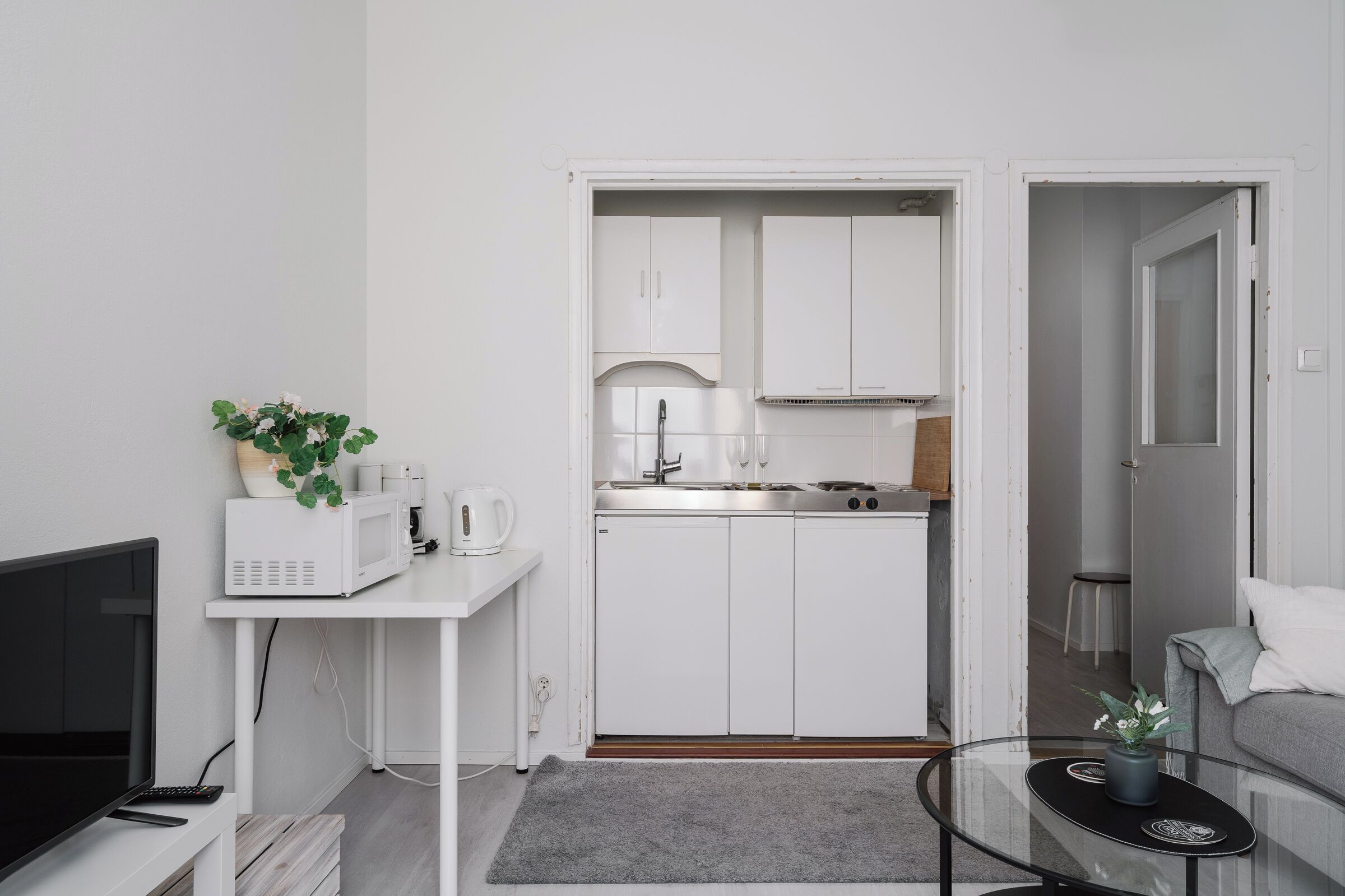 Un espacio habitable compacto con kitchenette, un televisor de pantalla plana, una pequeña mesa con una planta y un sofá gris.