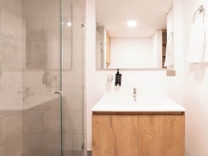 Dusche, Haartrockner, Handtücher, Shampoo