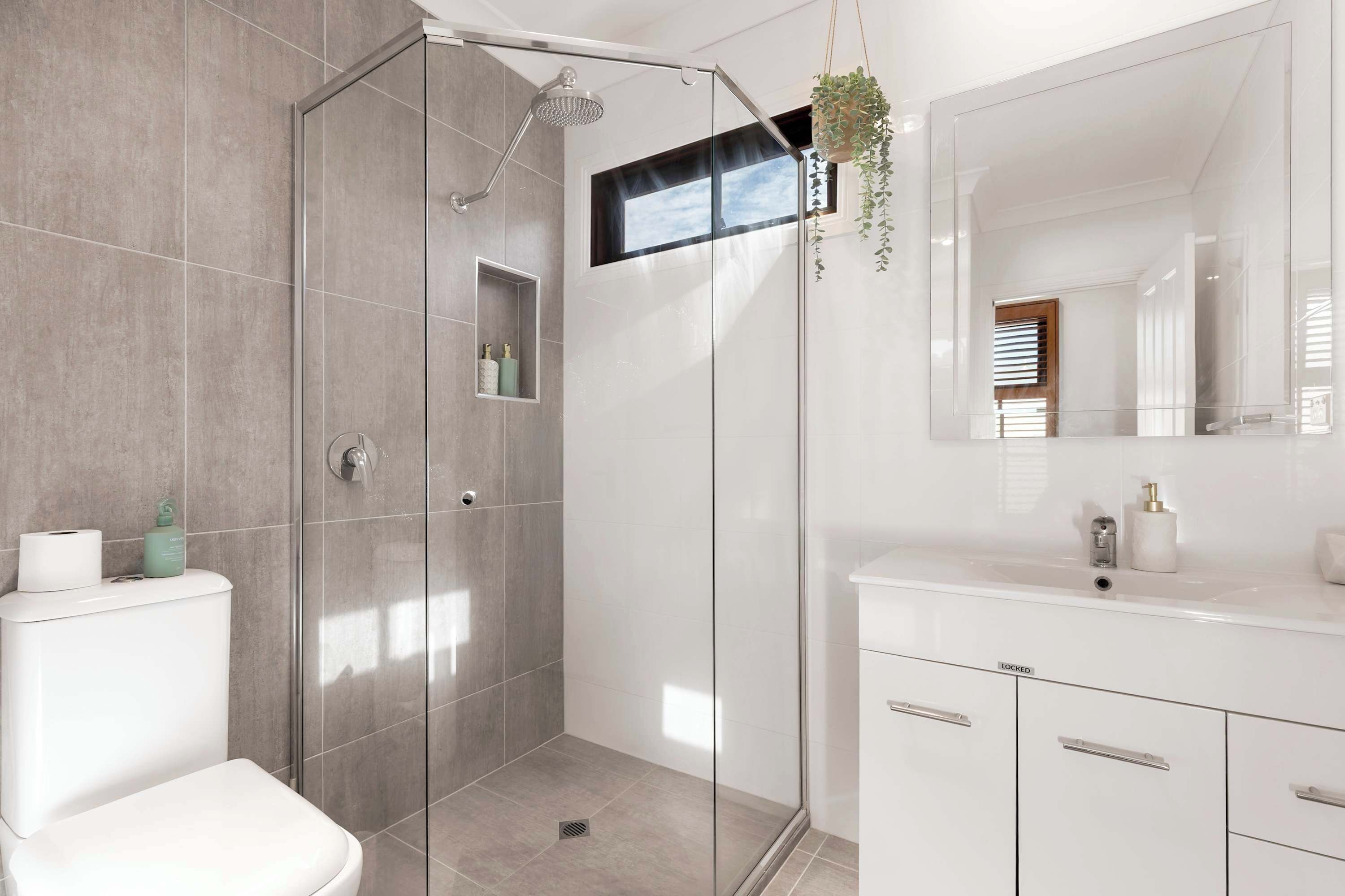 A modern bathroom with a glass-enclosed shower, a toilet, a vanity with a mirror, and a hanging plant.
